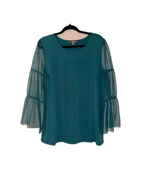 Kate & Mallory Teal Sheer Tiered Bell Sleeve Blouse